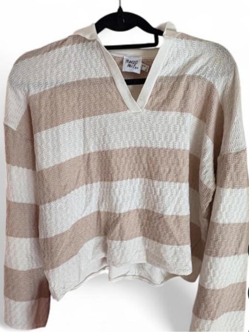 Princess Polly Cream and Tan Striped V-Neck shirt